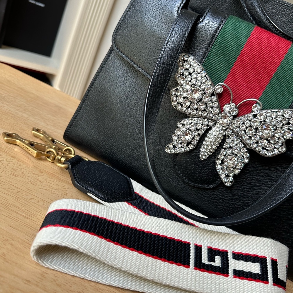 Gucci Black Leather Satchel with Crystal Butterfly - Picture 4 of 15